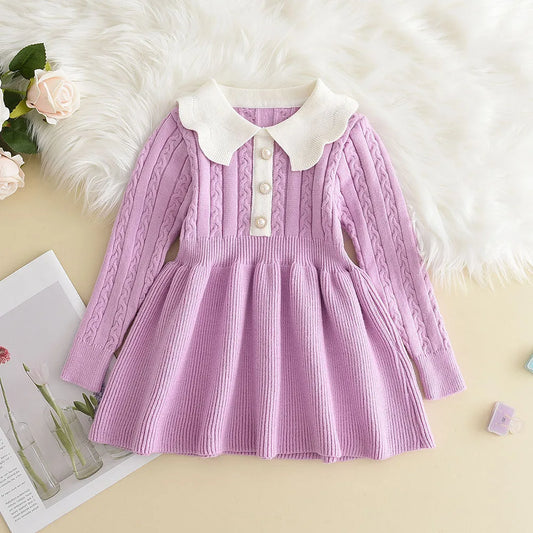 Winter Girls' Knitted Sweater Dress – Long Sleeve Ruffle Princess Outfit