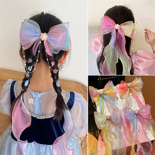 Princess Girl Large Ribbon Headband with Pearl & Flower Bow Hairpins – 5 Styles