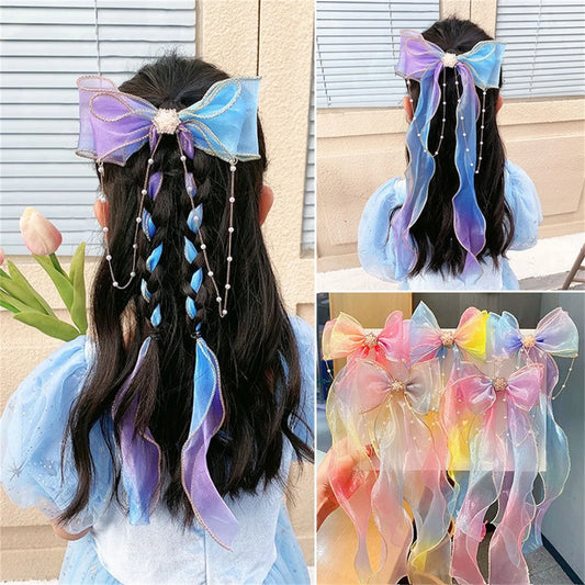 Princess Girl Large Ribbon Headband with Pearl & Flower Bow Hairpins – 5 Styles