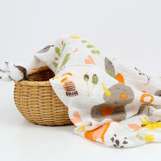 110cm Cotton Gauze Baby Blanket – Double Layer, Soft Animal Print Towel Cover