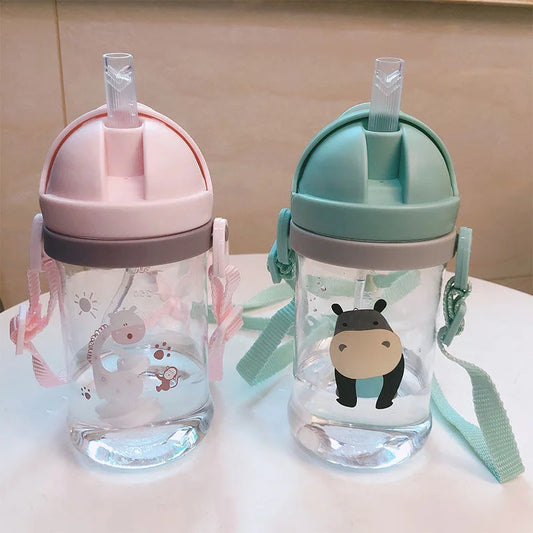 Kids' Cartoon Animal Water Bottle – Straw Cup with Gravity Ball & Shoulder Strap