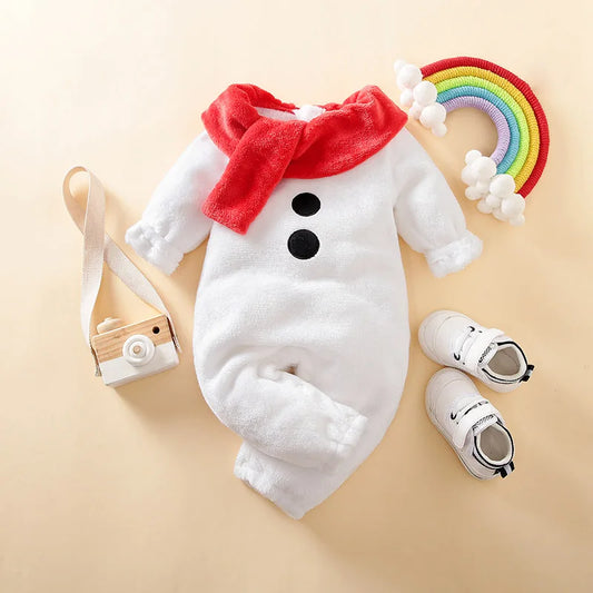 Christmas Snowman Baby Jumpsuit – Flannel Long Sleeve Outfit (0-18M)