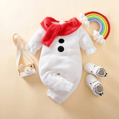 Christmas Snowman Baby Jumpsuit – Flannel Long Sleeve Outfit (0-18M)