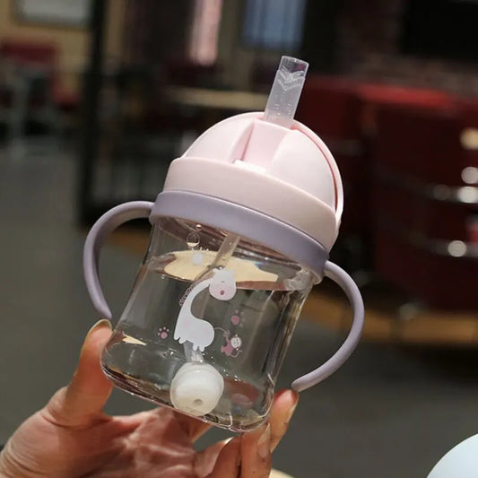 250ml Baby Drinking Cup – Pink Wide-Caliber Bottle with Straw & Handle