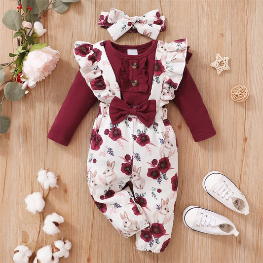 Baby Girl Outfit – Red Long-Sleeve Bodysuit & Floral Strap Pants (0-18M)