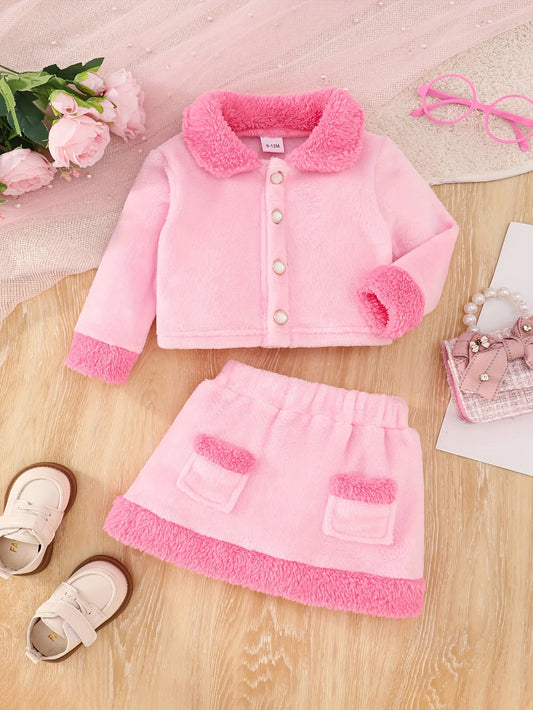 Japanese-Korean Style Pink Fluffy Skirt Suit – Soft & Warm Outfit