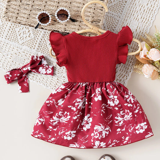 Floral Striped Bow Dress – Cute Baby Girl Outfit with Headscarf