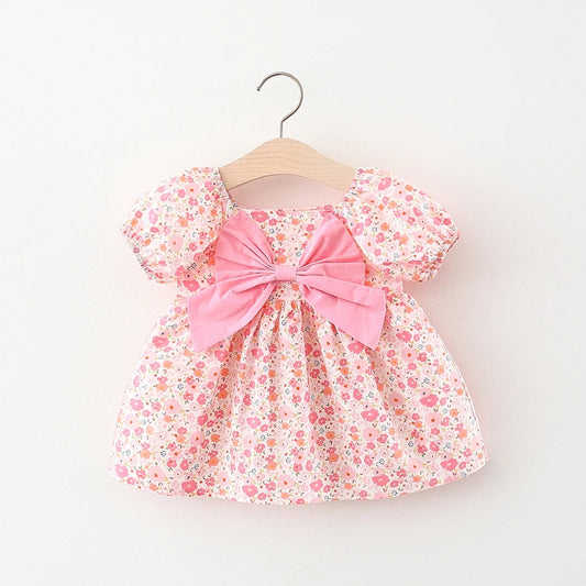 Children's Summer Dress – Short Sleeve Solid Color with Big Bow & Print